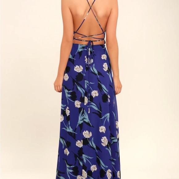 All I Need Royal Blue Floral Print Lace-Up Maxi Dress - Picture 5 of 6